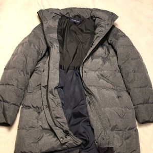 lands end grey down coat knee length w/ hood